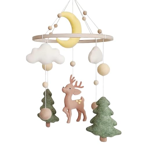 Image of Baby Mobile for Crib - A Handmade Gender Neutral Deer Forest Crib Mobile with Felt Clouds and Trees for Jungle Theme Nursery