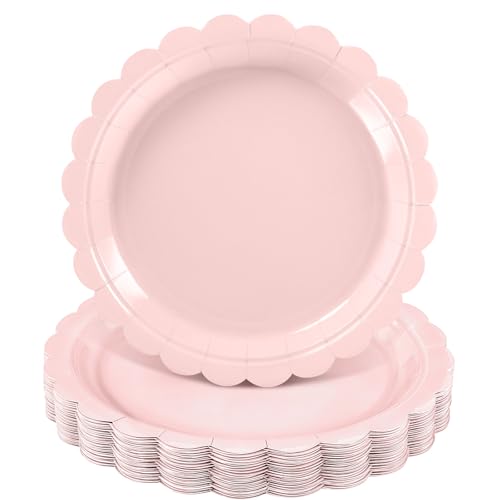 NatNarr 30 Pcs Pink Paper Plates 9 Inch Scalloped Pink Plates Cute Dessert Cake Party Plate for Girls Birthday Baby Bridal Shower Wedding
