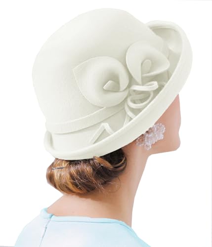 Oridoor Women Vintage Wool Felt Flowers Bucket Cloche Bowler Hat Church Wedding Dress Fascinator Hat Winter Felt Fedoras 012 White One Size … thumb #2