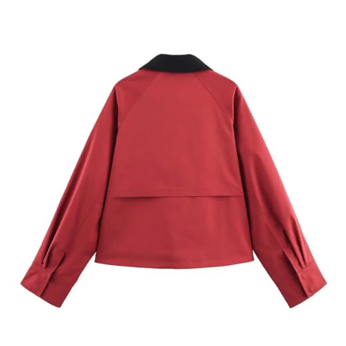 Women's Long-Sleeved Bomber Jacket, Contrast Color Single-Breasted Multi-Pocket Loose Women's Coat2