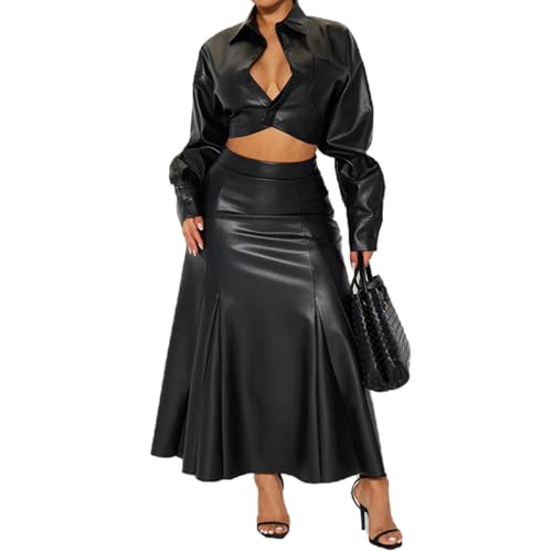 Womens PU Leather Outfits Long Sleeve Lapel Sexy Shirt Top Maxi Skirt Going Out Casual Set
