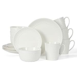 Martha Stewart 16 Piece Basket Weave New Bone China Embossed Porcelain Chip and Scratch Resistant Dinnerware Set