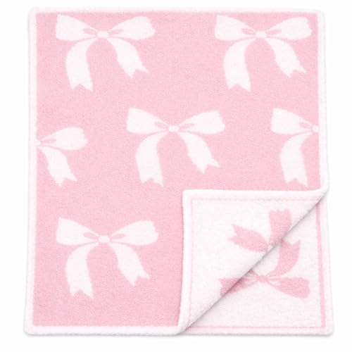 Image of L+L USA DreamSoft Bow Baby Blanket for Girls - Soft Knit Stroller, Crib & Car Seat Blanket - Cozy Neutral Nursery Throw for Newborns, Infants & Toddlers - White /Pink