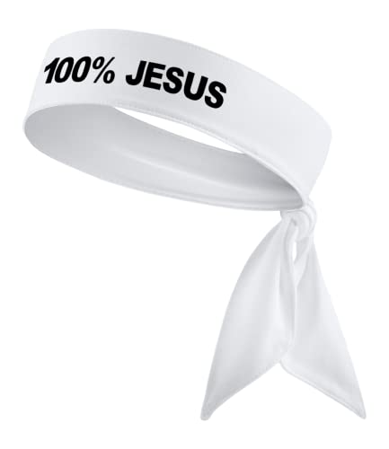 100% Jesus Sports Head Tie Headband Soccer Fútbol Football White Black Athletics Fitness - Stretch Sweatband Headwrap Ninja Tie Bandana Moisture Wicking (White Headband)