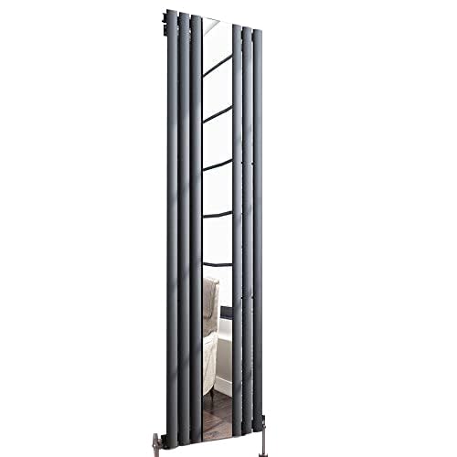 iBathUK Strata Wall-Mounted Vertical Single Panel Mirrored Radiator, Steel High Thermal Output Hydronic Central Heating, Mirror Centred Column Designer Radiator in Matt Anthracite, 1800 × 508mm