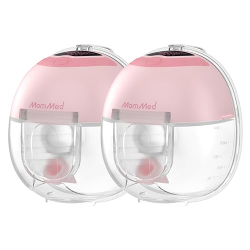MomMed S33 Wearable Breast Pump Ultra-Quiet in-Bra Pump for Work & Night One-Tap Pause Night Light Leakproof 4 Modes 9 Levels 17/19/21mm Inserts (Pink Double Standard Set)