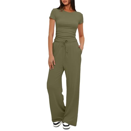 amropi Mujer Conjunto de 2 Piezas Manga Corta Camiseta Fruncida y Pantalones Anchos Verde Militar,S