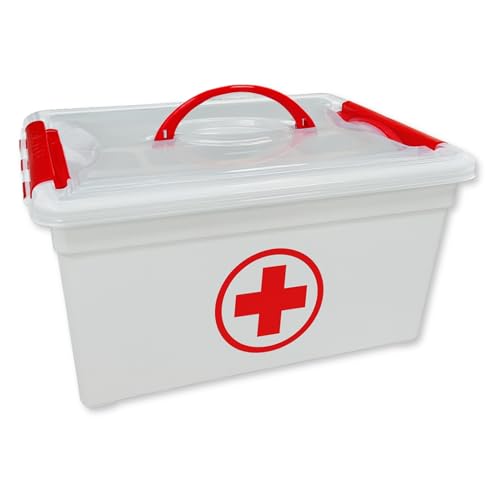 TECHZOCO Caja Medicamentos para Botiquín de Primeros Auxilios y Medicinas, Caja botiquín con tapa y asas, Porta medicinas, Botiquin farmacia, 34 cm ancho x 27 cm largo x 18 cm alto, 12 Litros