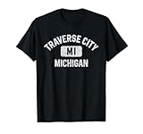 Traverse City Michigan Gym Style Distressed White Print T-Shirt