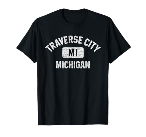 Traverse City MI Gym Distressed White Print T-Shirt