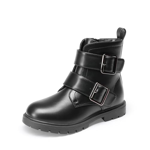 DREAM PAIRS Girls Boys Glitter Ankle Boots Side Zipper Combat Shoes with Buckles Toddler/Little Kid/Big Kid 12 Little Kid Black-pu
