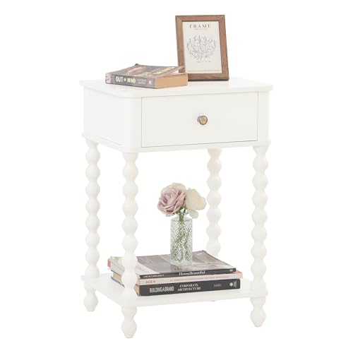 AWASEN White Nightstand Small Side Table with Drawer for Living Room Farmhouse End Bedside Table with Spindle Wood Legs for Bedroom Office White