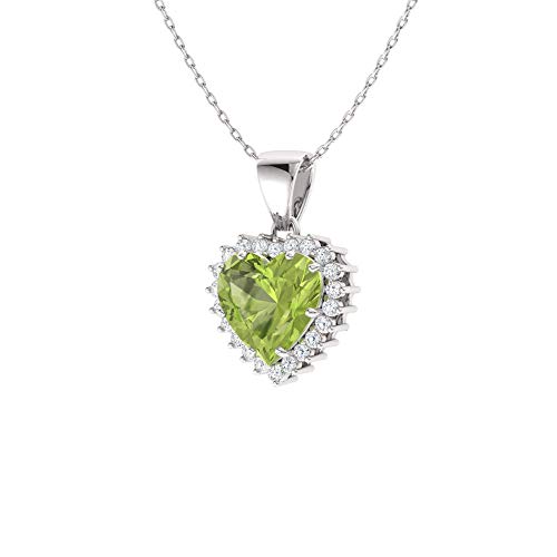 Diamondere Natural And Certified Heart Cut Peridot And Diamond Halo Necklace In 14K White Gold | 1.14 Carat Pendant With Chain #TOP1