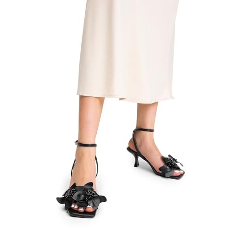DREAM PAIRS DREAM PAIRS Women's Flower Wedding Heels Cute Square Toe Slingback Low Kitten Heels Sandals with Ankle Strap,Size 11,Black-Pu,SDHS2436W