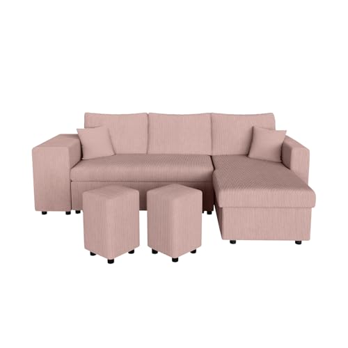 LOUNGITUDE Canapé d'angle réversible Convertible Oslo avec Coffre et 2 poufs en Velours côtelé