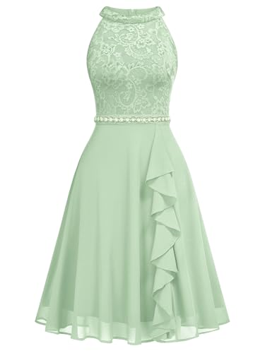 Image of Miusol Women's Halter Neck Lace Ruffle Vintage Cocktail Party A-Line Bridesmaid Dress