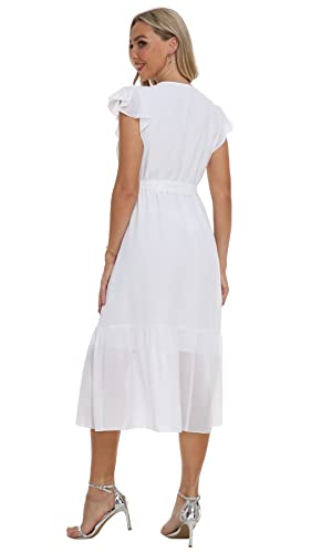 Image of VintageClothing Womens Sundress Casual Floral Summer Boho Dress | Flowy Wrap V Neck Ruffle A-Line Pleated Hem Midi Dresses