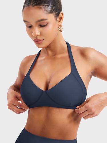Image of YEOREO Women Halter Sports Bra Light Support V Neck Padded Strappy Open Back Workout Gym Tops