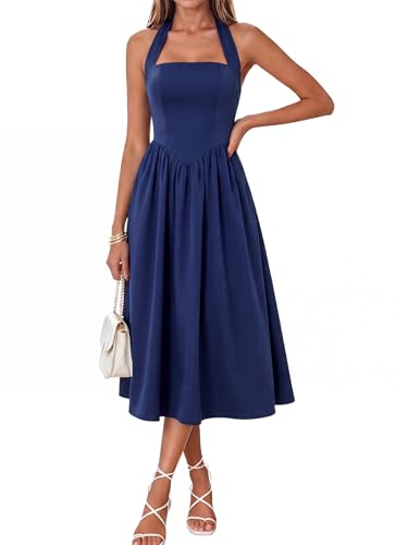 Image of Parthea Women's Floral Halter Corset Midi Dress 2026 Elegant Smocked Flowy Wedding Guest Dresses with Pockets