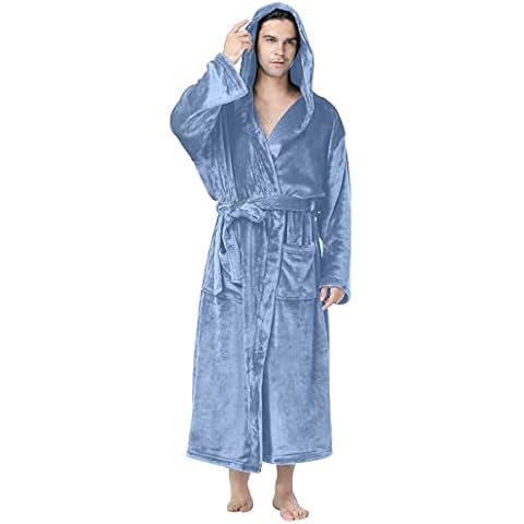 Beokeuioe Flannel Pyjama Bathrobe Men's Terry Towelling with Hood Sauna Bathrobe House Coat for Men Fleece Dressing Gown Pockets Plush Warm House Coat Sauna Gown, blue, S Cover