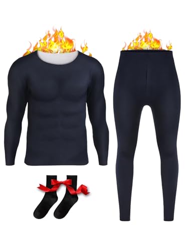 Raueupo Mens Warm Thermal Underwear Set Base Layer Long Johns Winter Hunting Gear Bottom Leggings Top with Mens Crew Socks (Navy Blue, X-Large)