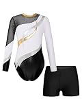 Mufeng Justaucorps de Gymnastique Fille avec Short Tenue Patinage Artistique Strass Enfant Combinaison Danse Classique Ensemble Gym 5 14 Ans Blanc 13 14 ans