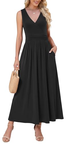 WEACZZY Summer Dresses for Women V Neck Wrap Maxi Dress Beach Party Long Dress with Pockets,Black,XX-Large