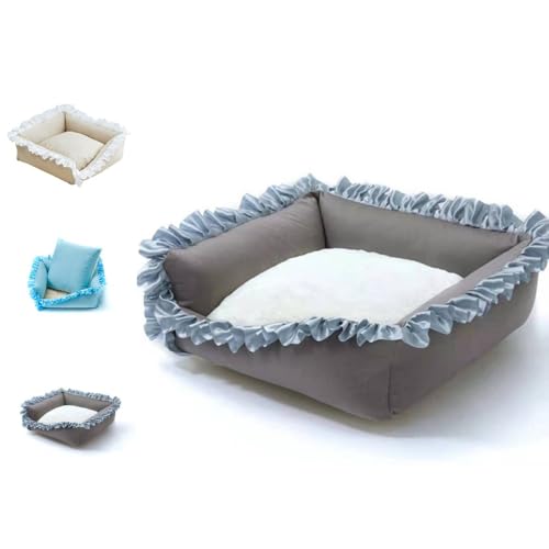 SJGEIDMペットベッド おしゃれ かわいい 人気 ソファクッション 犬 猫 小動物用 お姫様 両面クッション付き マット プリンセス風 お姫様フリル リボン 防寒 安眠 室内 四季兼用 (岩灰,M(55*45*18)cm)