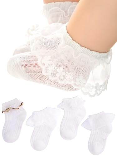 Urieo Baby Girls White Socks Toddler Ruffle Lace Socks Princess Cotton Crew Socks for Infants Toddlers Kids Girls