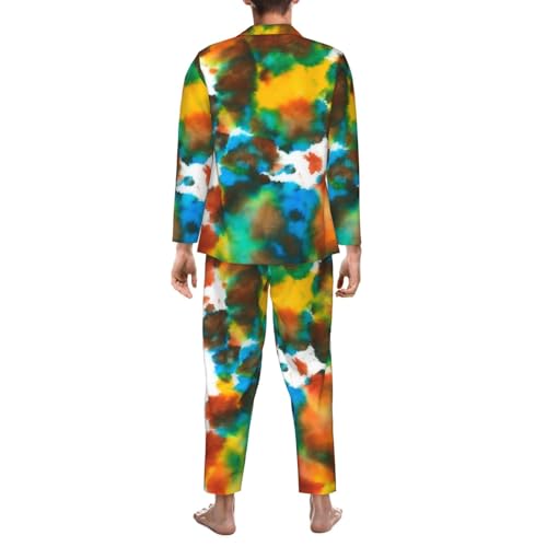 Colorful Tie Dye Green Drops Pattern Mens Pajamas Set Button Down Sleepwear Set Long Sleeve Loungewear With Pockets2