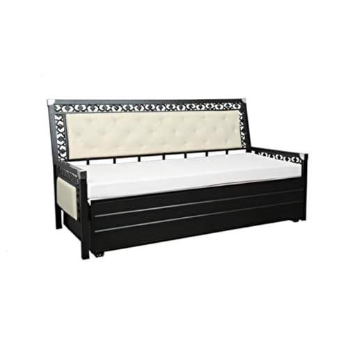 Image of Rexo Metal Sofa Cum Bed with Hydraulic Storage | 3 Seater Convertible Sofa Bed for Living Room | Heavy Duty Metal FrameMatte Black Finish with White Cushion, Single