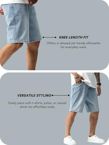 Image of GRECIILOOKS Denim Shorts for Men Stylish | Casual Knee Length Washed Jorts | Regular Fit Jeans Half Pant for Men with Distressed Design | Bermuda Mens Shorts for Summer Travel Streetwear
