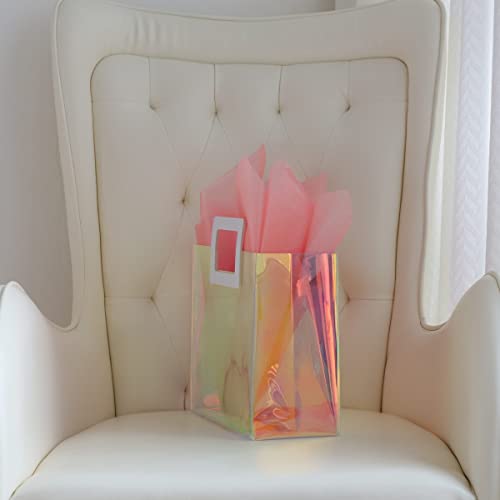 VUOJUR-83-Holographic-Small-Gift-Bag-with-Tissue-Paper-Reusable-Birthday-Gift-Bag-for-Girls-Women-Iridescent-Bachelorette-Wedding-Bridal-Bridesmaid-Tote-Gift-Bag-Pack-of-1-S-Glossy-Coral