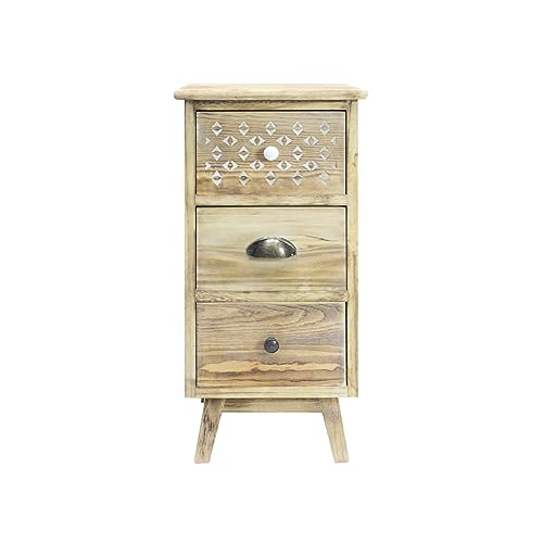 Rebecca Mobili Table De Chevet Etroite, Petite Commode, 3 Tiroirs, Blanc Shabby Marron Clair, Bois De Paulownia, pour Chambre Salle De Bain - Dimensions : 65 x...