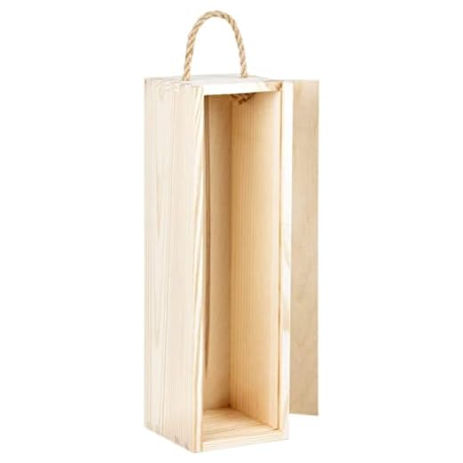 Caja de madera para 1 botella, caja regalo en madera de pino para botella de vino, aceite, bebidas alcohólicas con tapa DM deslizante y cuerda de asa medida exterior 39 x 12.3 x 10,5 cm
