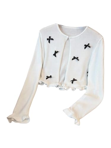 OYOANGLE Girl's Bow Cardigan Sweater Long Sleeve Open Front Ruffle Trim Lightweight Bolero Shrugs