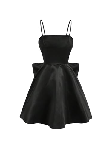 Image of WDIRARA Women's Satin Bow Homecoming Dresses Spaghetti Strap Wedding Guest Gown Summer Mini Dress