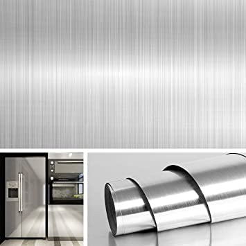 Image of Vinyl Contact Paper Decorative for Cabinets Countertops Kitchen Shelves Liner Self Adhesive Film Peel and Stick Waterproof Removable Wallpaper (Inches 24 x 118, Silver Brushed)