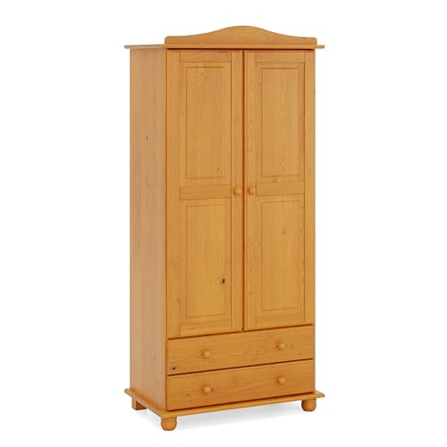 Moblit Armario Dormitorio Ropero 2 Puertas – Armario de Madera de Pino Macizo Natural con Barra y Estantes, Serie Canet, Gran Capacidad, Armario Dormitorio Moderno (197 cm Alto)