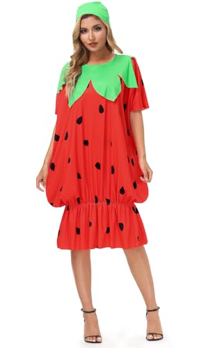 For G and PL Karneval Damen Herren Adult Party Kostüme Fasching Strawberry Erdbeeren Obstkostüm Unisex Rot L