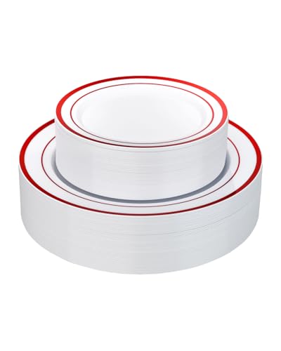 Image of Goodluck 120 Pack Red Rim Plastic Plates - 60 Dinner Plates (10.25 inch) & 60 Dessert Plates (7.5 inch) - Heavy Duty Disposable White Plates with Elegant Red Trim - Premium Dinnerware Set for Wedding
