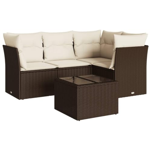 vidaXL Garten Sofa Garnitur 5-TLG., Gartenmöbel Set mit Kissen, Sitzgruppe für Garten Terrasse, Modular Gartensofa Lounge, Tisch mit Glasplatte, Braun Poly Rattan