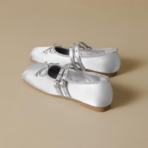 LUXINYU Women Bowknot Mary Jane Satin Ballet Flats Square Toe Double Strap Casual Party Dress Shoes3