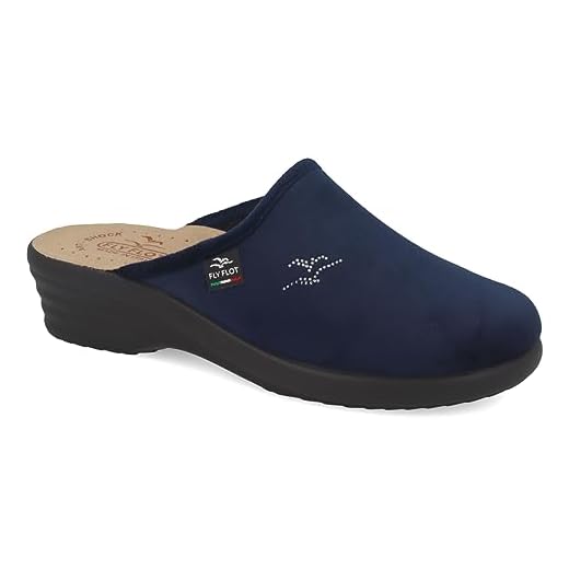 Fly Flot | Classic Woman, Pantofole Donna con Logo Strass, Ciabatta con Tomaia in Velluto, Sottopiede imbottito in Pelle Antishock, Blu, 37