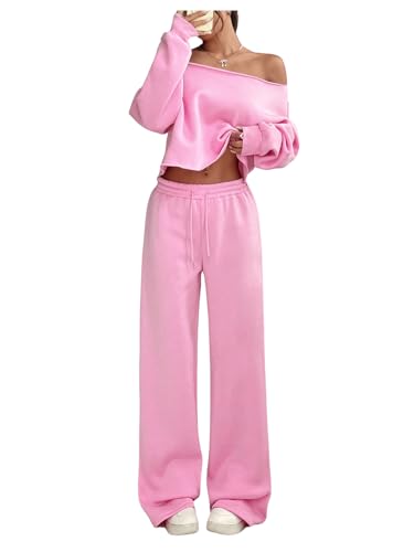 SOLY HUX Women's 2 Piece Outfits Fall Sweatsuits Off The Shoulder Crop Top Wide Leg Sweatpants Casual Matching Lounge Sets