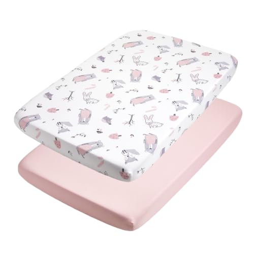 Image of TILLYOU Mini Crib Fitted Sheets - Soft Knit Sheet for Pack N Play, Microfiber Mini Crib Sheets, 38 x 24 Playpen Bedding Sheet for Baby 2 Pack, Machine Washable, Playful Animals