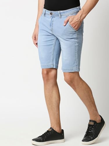 Image of HIGH STAR Men Blue Washed Mid-Rise Stretchable Denim Shorts (34)