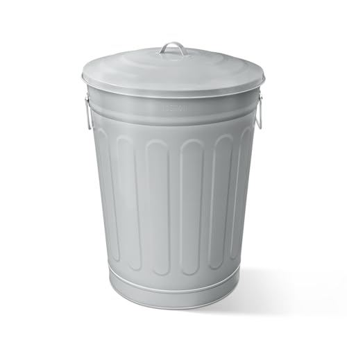 Image of Plexon 13 Gallon Metal Trash Can with Lid Outdoor Vintage Trash Can Steel Retro Garbage Can for Kitchen Farmhouse Rustic Bird Seed Storage Pet Food Cute Bucket, Gray