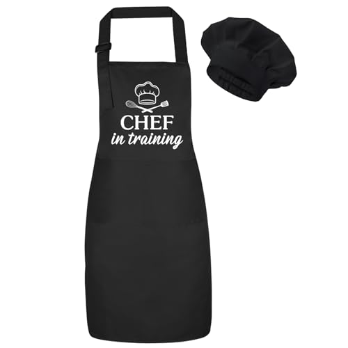 XLSXEXCL Kids Apron and Chef Hat Set, “CHEF in training” Apron Adjustable Child Aprons Chef in Training Funny Aprons with 2 Pockets for Boys and Girls (Black)