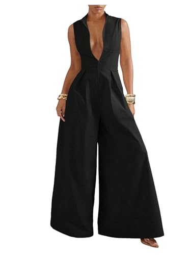 Verdusa Women's Zip Up Wide Leg Jumpsuits Sleeveless One Piece Dressy Rompers Formal Black Large